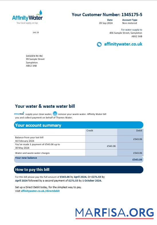 Downloadable United Kingdom Affinity Water business utility bill template in Word and PDF formats